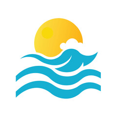 Ocean Waves with Sun Reflection Flat Color Illustration