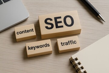 SEO concept with content, keywords, and traffic on wooden blocks. 