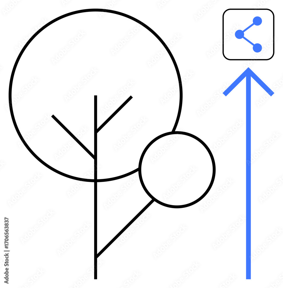 Poster abstract tree design paired with an upward arrow leading to a share icon. ideal for growth, developm