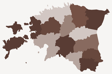 Map of Estonia with regions. Just a simple country border map with region division. Brown color palette. Blank Republic of Estonia shape with administrative division. Vector illustration.