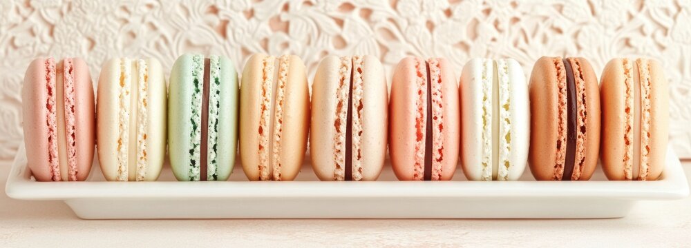 Exquisite assortment of pastel-colored French macarons displayed elegantly in a white serving tray
