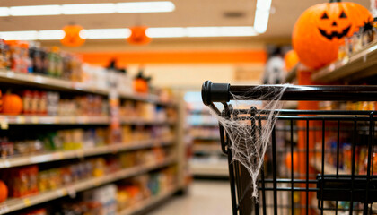 Supermarket Cart with Cobwebs and Halloween Pumpkin Decoration