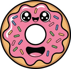 Vector art of cute donut with pink icing and colorful sprinkles with kawaii face, vector illustration of a cartoon donut with big eyes and a sweet smile for kids
