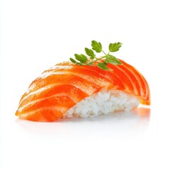 Salmon Nigiri Sushi - Fresh Slices on Rice with Parsley, Isolated on White.