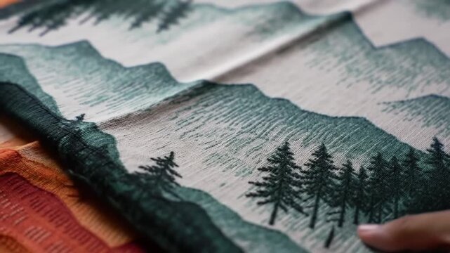 Close-up of Hands Sewing Patchwork Quilt with Mountain Design