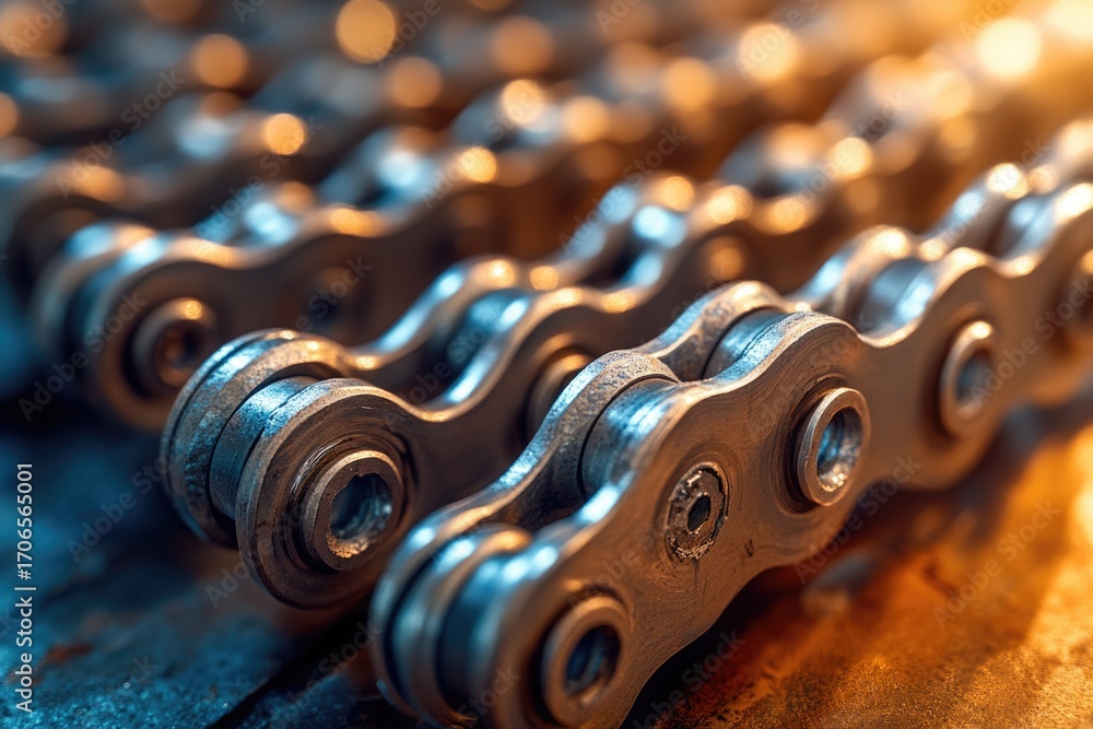 Poster close-up of several metallic roller chains, showcasing their intricate design and mechanical precisi