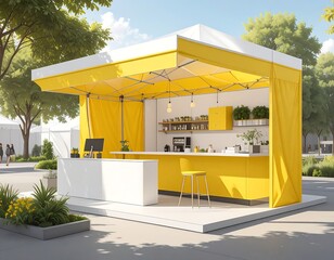 Bright yellow outdoor kiosk, modern design, with white accents, serving area, and plants