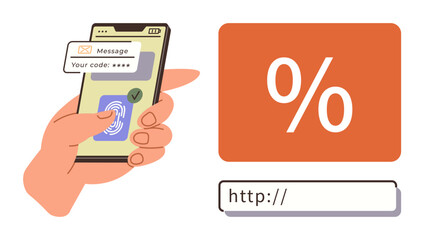 Hand holding smartphone entering OTP and fingerprint for secure login. Percentage block and URL highlighting web security. Ideal for authentication, fintech, cybersecurity, e-commerce, mobile