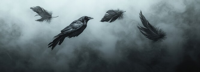 Fototapeta premium Floating black raven feathers in a misty atmosphere evoke a sense of mystery and enchantment over a quiet landscape