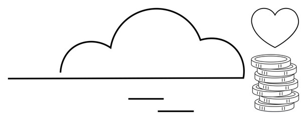 Cloud figure, heart symbol, stacked coins suggesting savings, charity, efficiency, teamwork, innovation. Ideal for finance cloud computing charity technology business growth marketing. Simple