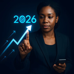 Business Vision 2026: A determined businesswoman interacts with a projected rising growth graph and the year 2026, symbolizing strategic planning, future targets, and visionary leadership.