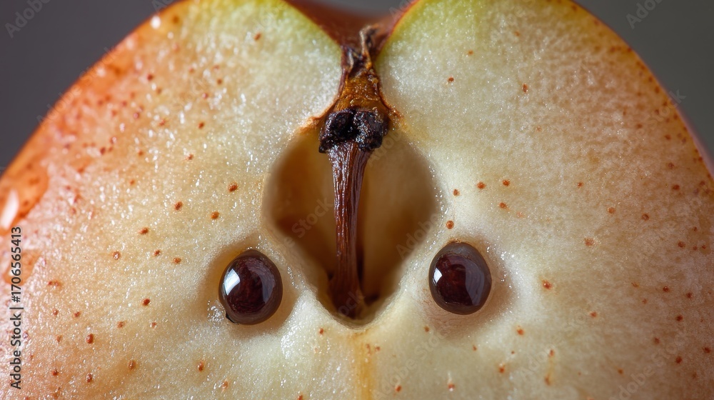 Poster close-up view of a sliced pear's core.