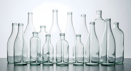 Elegant arrangement of transparent glass bottles with varied shapes and sizes  displayed against a