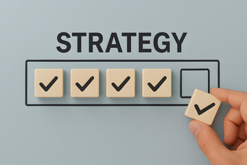 Strategy Milestone: A visual representation of strategy execution, with a hand placing a checkmark on the final cube, signifying successful completion or the final step in a strategy. 