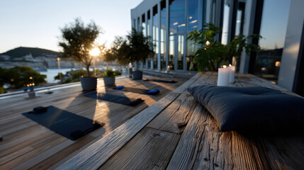 A tranquil yoga space with stunning sunset views invites practitioners to relax and reflect, embodying serenity and mindfulness in every session amidst natural beauty.