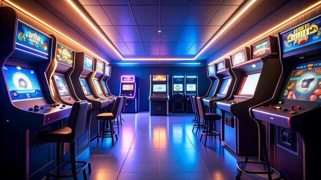 Neon-lit vintage arcade with rows of video game machines and stools, inviting atmosphere and retro entertainment style