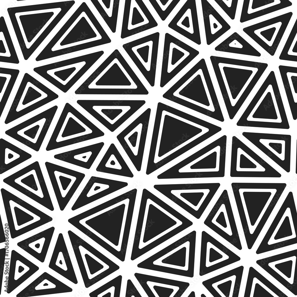Poster triangular pattern background. rounded solid shapes in frames. large triangles size. black and white