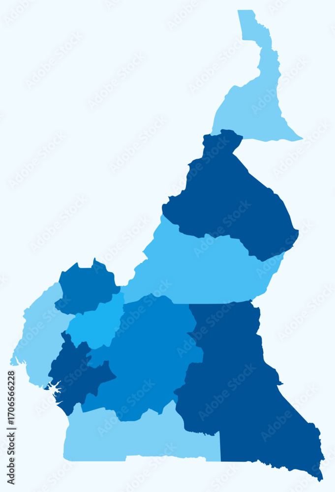Poster map of cameroon with regions. just a simple country border map with region division. light blue colo