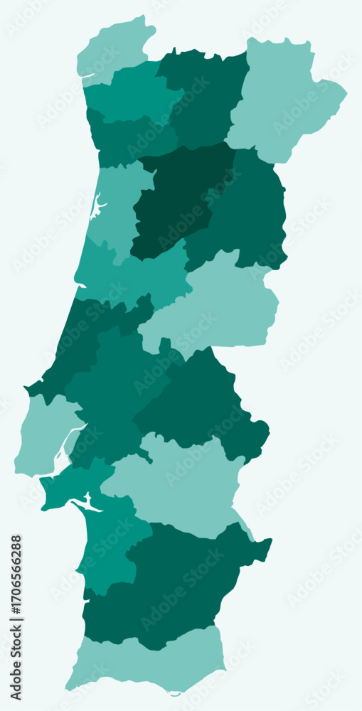 Poster map of portugal with regions. just a simple country border map with region division. teal color pale