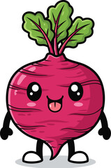 Cartoon beetroot character, smiling purple vegetable mascot, leafy top produce illustration, playful food design, cad drawing flat vector illustration