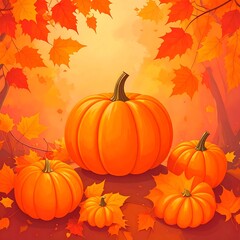 Autumn pumpkins in a fall forest
