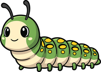 Cartoon caterpillar character, cute insect illustration, segmented bug with antennae, children’s nature mascot, cad drawing flat vector illustration