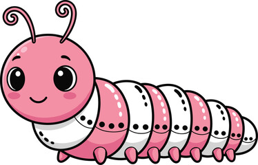 Cartoon caterpillar character, pink segmented insect, smiling bug with antennae, children’s nature mascot, cad drawing flat vector illustration