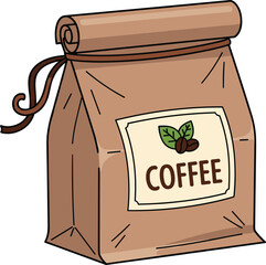 Cartoon coffee bag illustration, brown paper packaging with beans and leaves, gourmet product design, cad drawing flat vector illustration