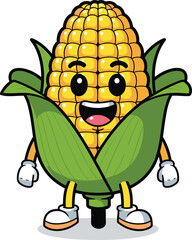 Cartoon corn character, smiling yellow vegetable mascot with green husk, playful produce illustration, cad drawing flat vector illustration