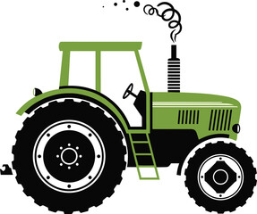 Cartoon green tractor illustration, farming vehicle with smoke rings and terraced wheels, cad drawing flat vector illustration