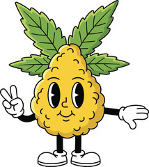 Cartoon nugget character with cannabis leaves, smiling mascot with peace sign, playful fruit or bud illustration, cad drawing flat vector illustration