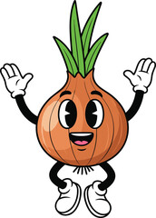 Cartoon onion character, smiling vegetable mascot, brown bulb with green shoots, playful food illustration, cad drawing flat vector illustration