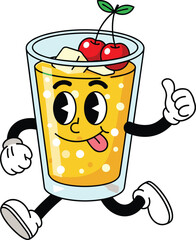 Cartoon orange drink character, smiling beverage with thumbs-up and cherries, playful refreshment mascot, cad drawing flat vector illustration