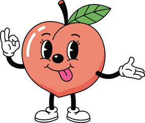 Cartoon peach character, smiling fruit mascot with OK gesture, playful produce illustration, cad drawing flat vector illustration