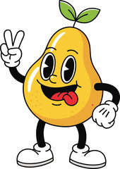 Cartoon pear character, smiling yellow fruit mascot with peace sign, playful produce illustration, cad drawing flat vector illustration