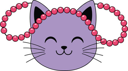 Cartoon purple cat face illustration, smiling feline with pink bead loops and closed eyes, cad drawing flat vector illustration
