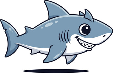 Cartoon shark character, smiling blue sea creature, friendly marine animal illustration, underwater mascot, cad drawing flat vector illustration