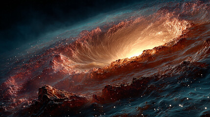 Galaxy core with billions of stars swirling into a black hole, radiant colors, epic cosmic wonder