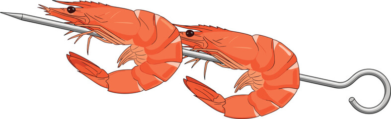 Cartoon shrimp skewer illustration, grilled seafood vector with metal stick, tasty prawn clipart, cad drawing flat vector illustration
