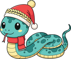 Christmas snake character, cartoon reptile with Santa hat, festive animal illustration, holiday mascot, cad drawing flat vector illustration