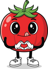 Cartoon tomato character, smiling fruit with heart hands, healthy food mascot, playful vegetable illustration, cad drawing flat vector illustration
