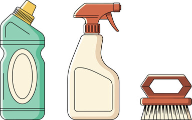 Cleaning supplies illustration, spray bottle, detergent container, scrubbing brush vector, household hygiene tools, cad drawing flat vector illustration