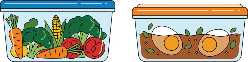 Food storage containers, fresh vegetables and cooked meal, healthy eating concept, kitchen prep illustration, cad drawing flat vector illustration