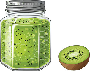 Kiwi jam jar illustration, sliced fruit and puree, green tropical dessert vector, food concept art, cad drawing flat vector illustration