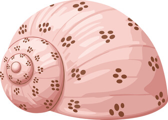 Pink seashell illustration with brown spots, spiral marine shell design for ocean decor, cad drawing flat vector illustration