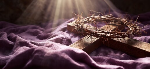 Crown of Thorns and Wooden Cross on Purple Cloth with Sun Rays, Representing Easter Story and Christian Faith