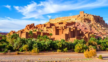 Obraz premium Desert village nestled on a hilltop, with terracotta buildings, palm trees, and a dry riverbed