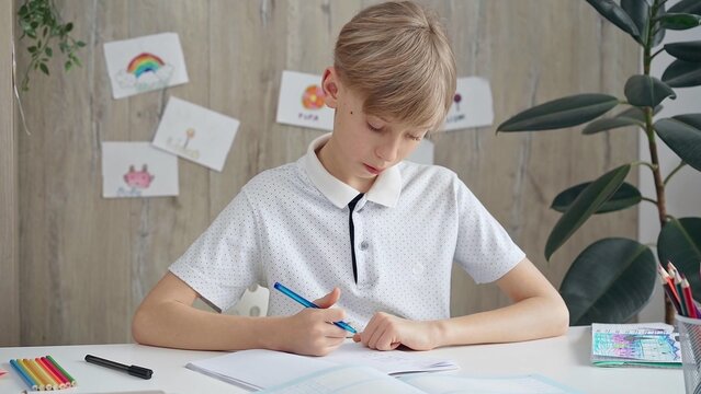 Young boy studying at the desk at home or school class room - Powered by Adobe