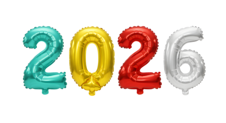 2026 colorful foil number balloons in teal, gold, red, and silver ? perfect for New Year celebrations and party decorations