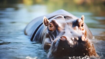 Close-up hippopotamus partially submerged in river water with natural daylight reflections, creating powerful wildlife scene perfect for nature documentary, cinematic safari video.